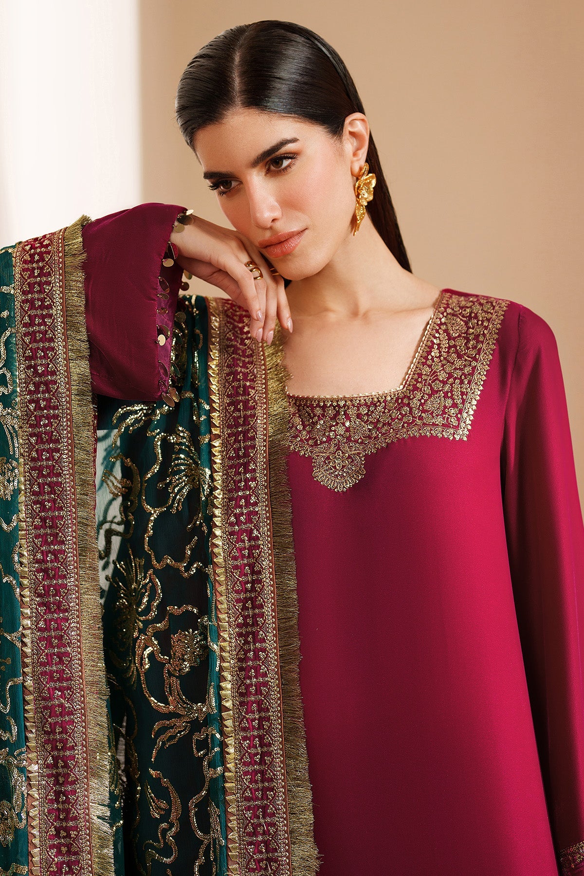 Women Wearing Embroidered Velvet Formal VVF D-9 Pink Short Shirt for Wedding Events - Pakistani Designer Wear for Women in UK | Kifat