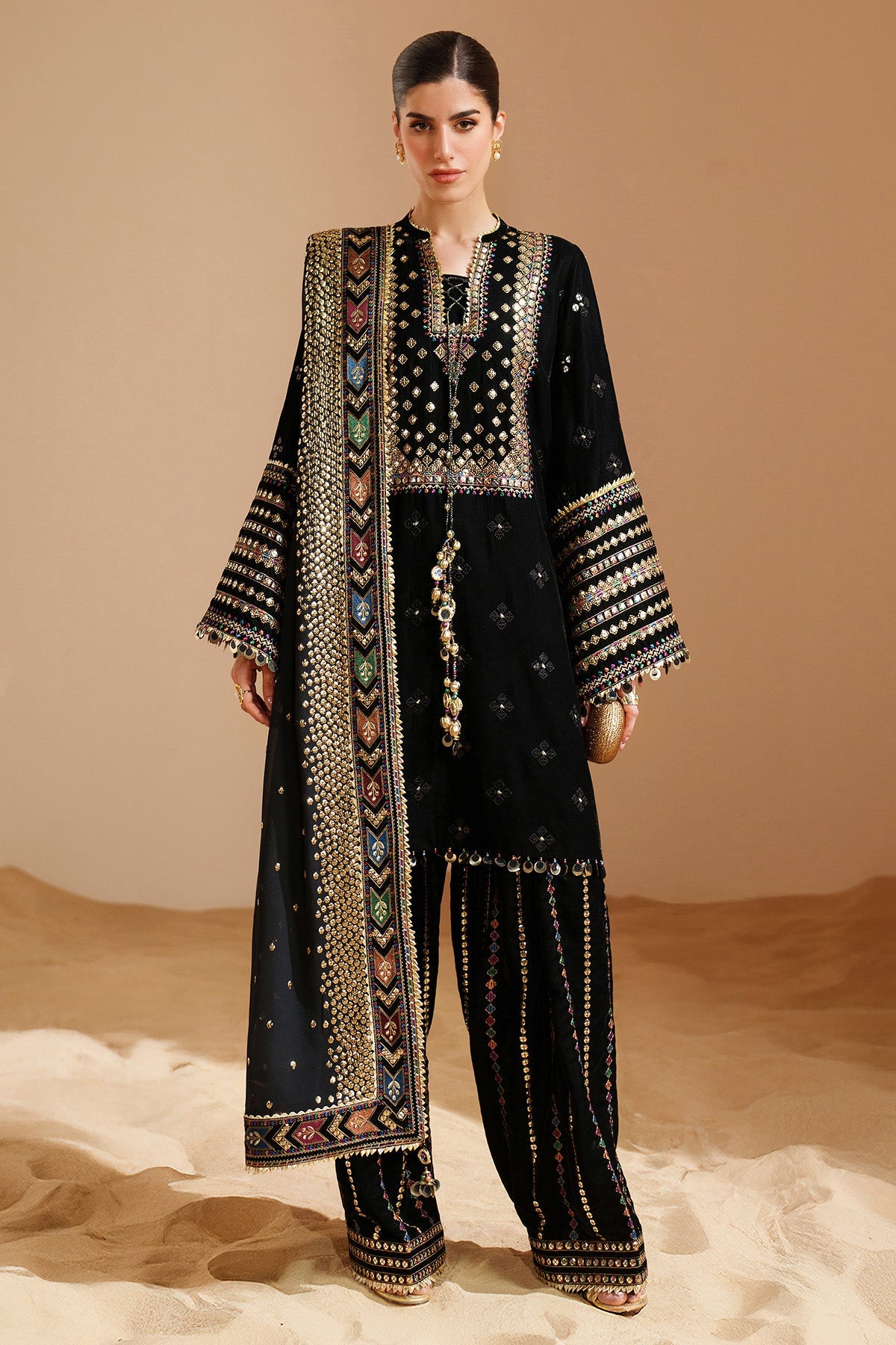 Women Wearing Embroidered Velvet Formal VVF D-5 Black Short Shirt for Wedding Events - Pakistani Designer Wear for Women in UK | Kifat