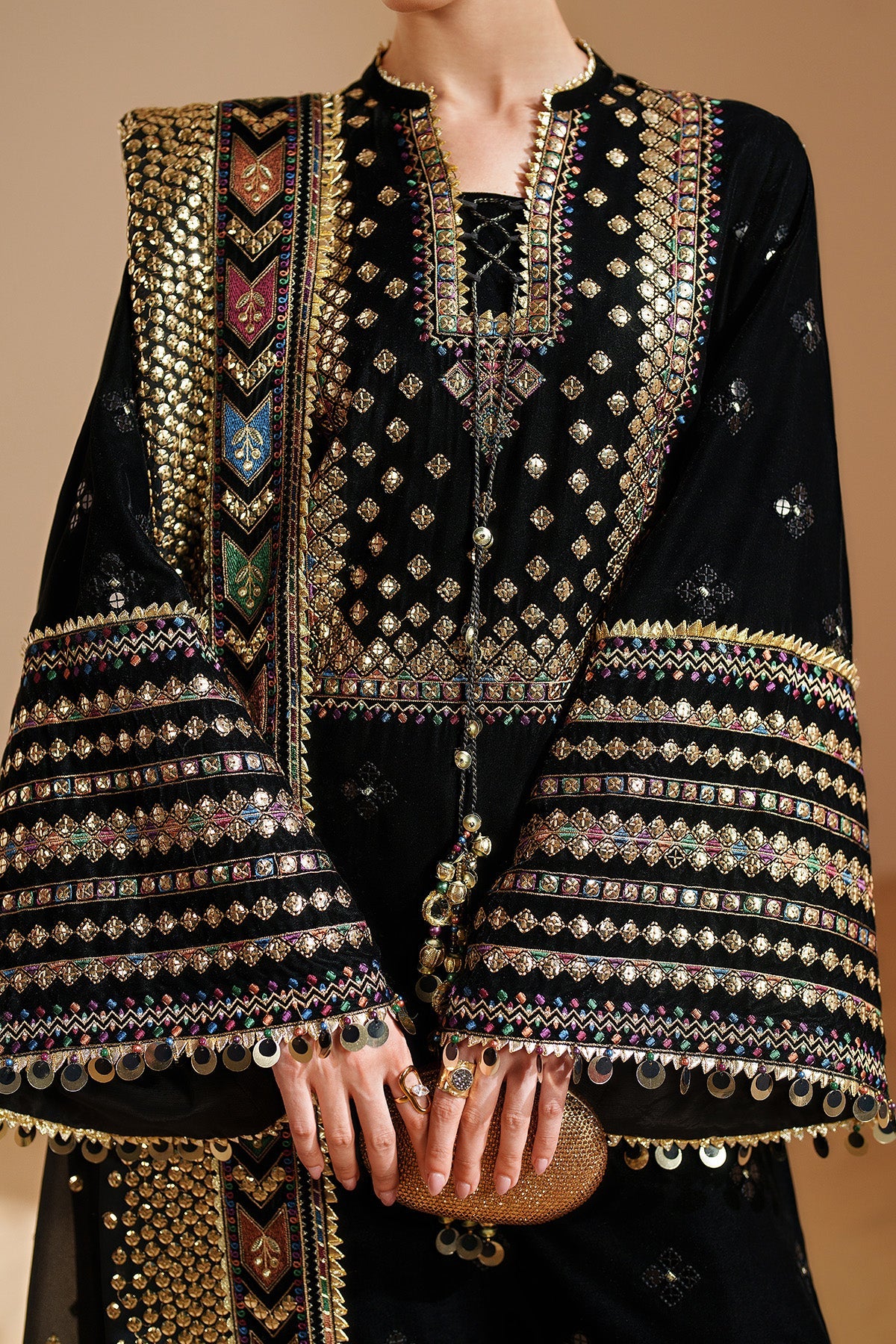 Women Wearing Embroidered Velvet Formal VVF D-5 Black Short Shirt for Wedding Events - Pakistani Designer Wear for Women in UK | Kifat