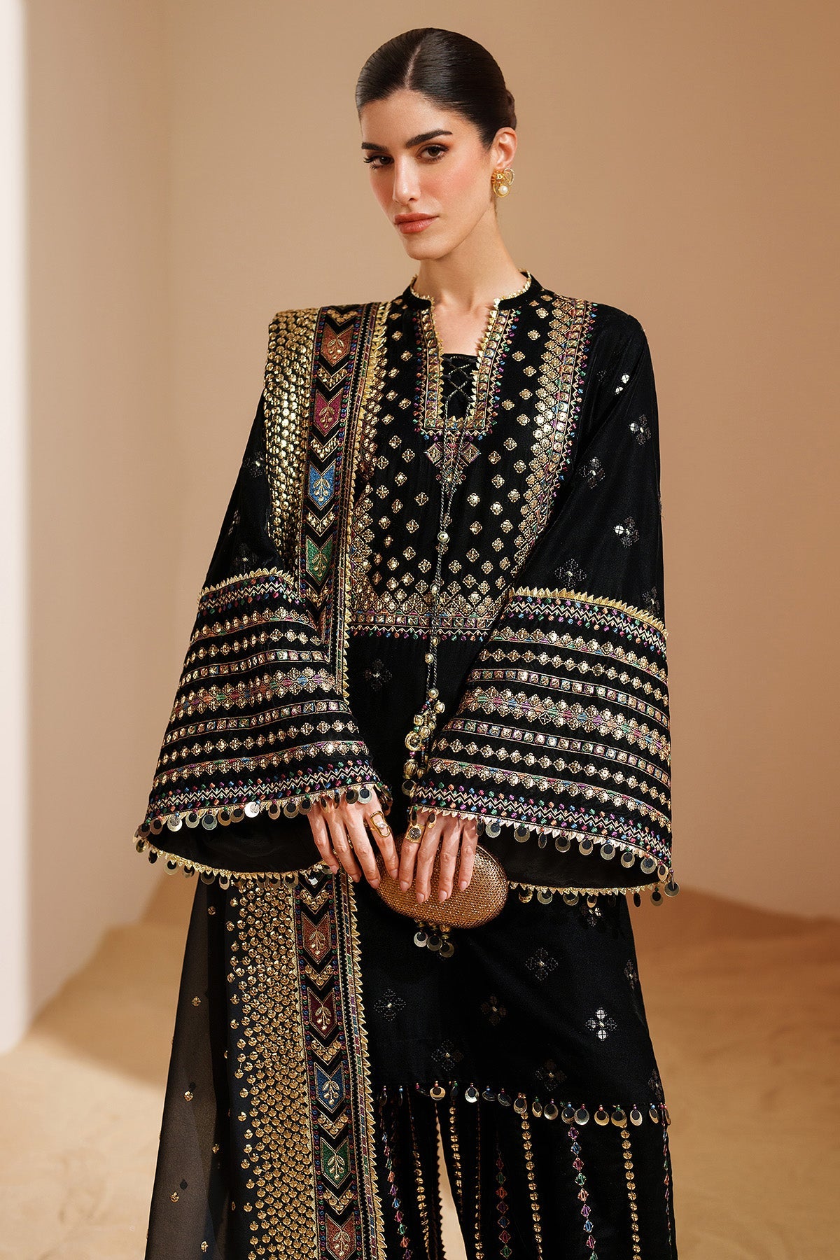 Women Wearing Embroidered Velvet Formal VVF D-5 Black Short Shirt for Wedding Events - Pakistani Designer Wear for Women in UK | Kifat