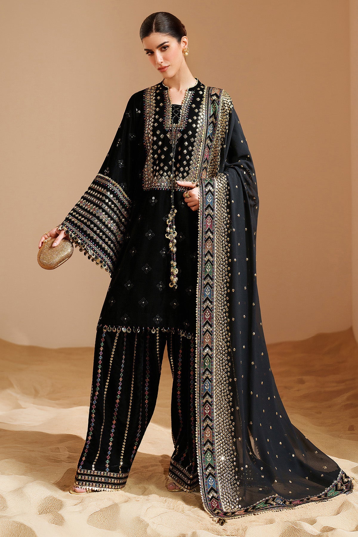 Women Wearing Embroidered Velvet Formal VVF D-5 Black Short Shirt for Wedding Events - Pakistani Designer Wear for Women in UK | Kifat