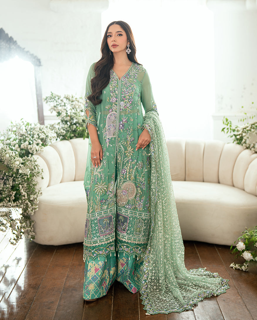 Women Wearing Adaa Sea Green Long Front Open Shirt for Festive Events - Pakistani Designer Wear for Women in UK | Kifat