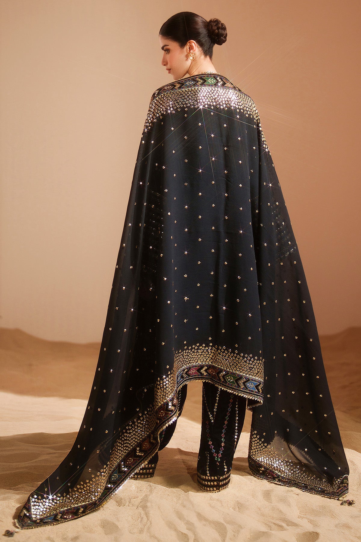 Women Wearing Embroidered Velvet Formal VVF D-5 Black Short Shirt for Wedding Events - Pakistani Designer Wear for Women in UK | Kifat