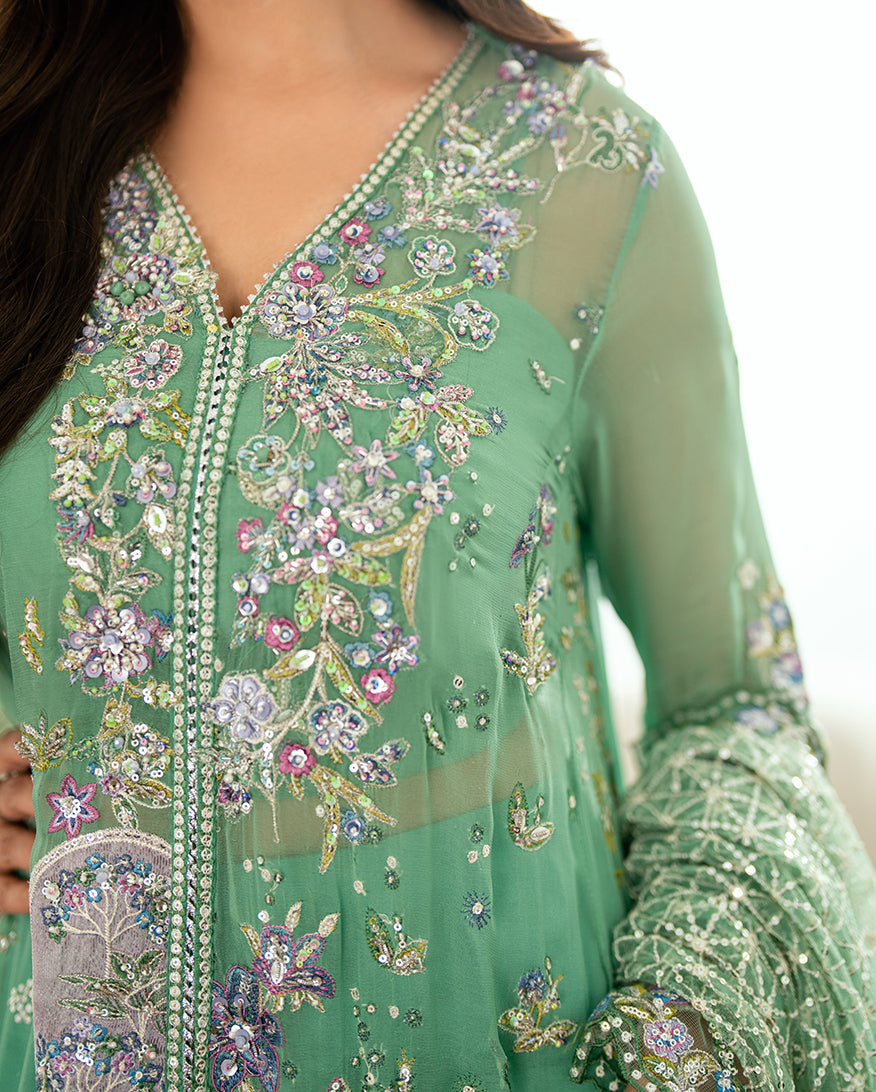 Women Wearing Adaa Sea Green Long Front Open Shirt for Festive Events - Pakistani Designer Wear for Women in UK | Kifat