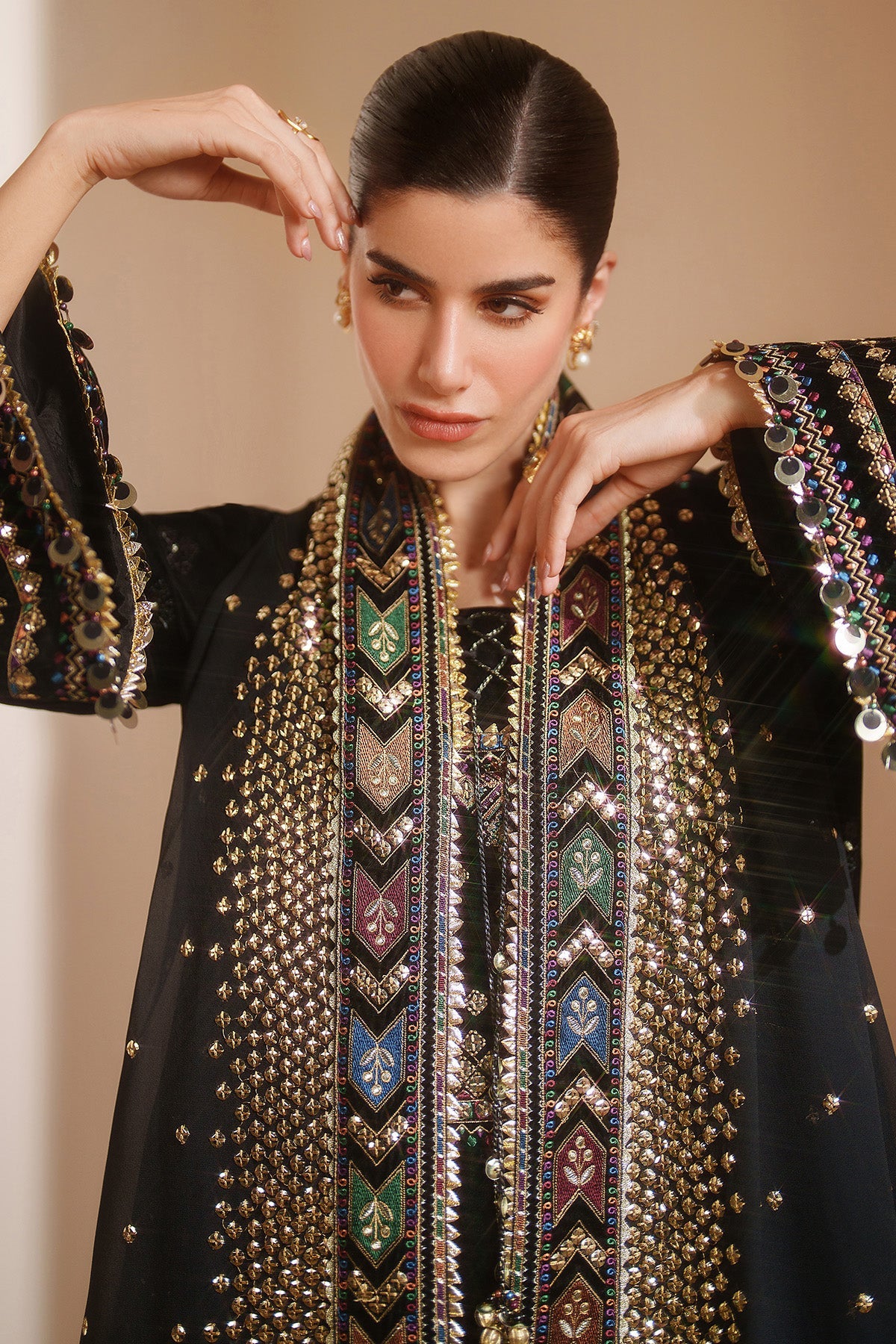 Women Wearing Embroidered Velvet Formal VVF D-5 Black Short Shirt for Wedding Events - Pakistani Designer Wear for Women in UK | Kifat