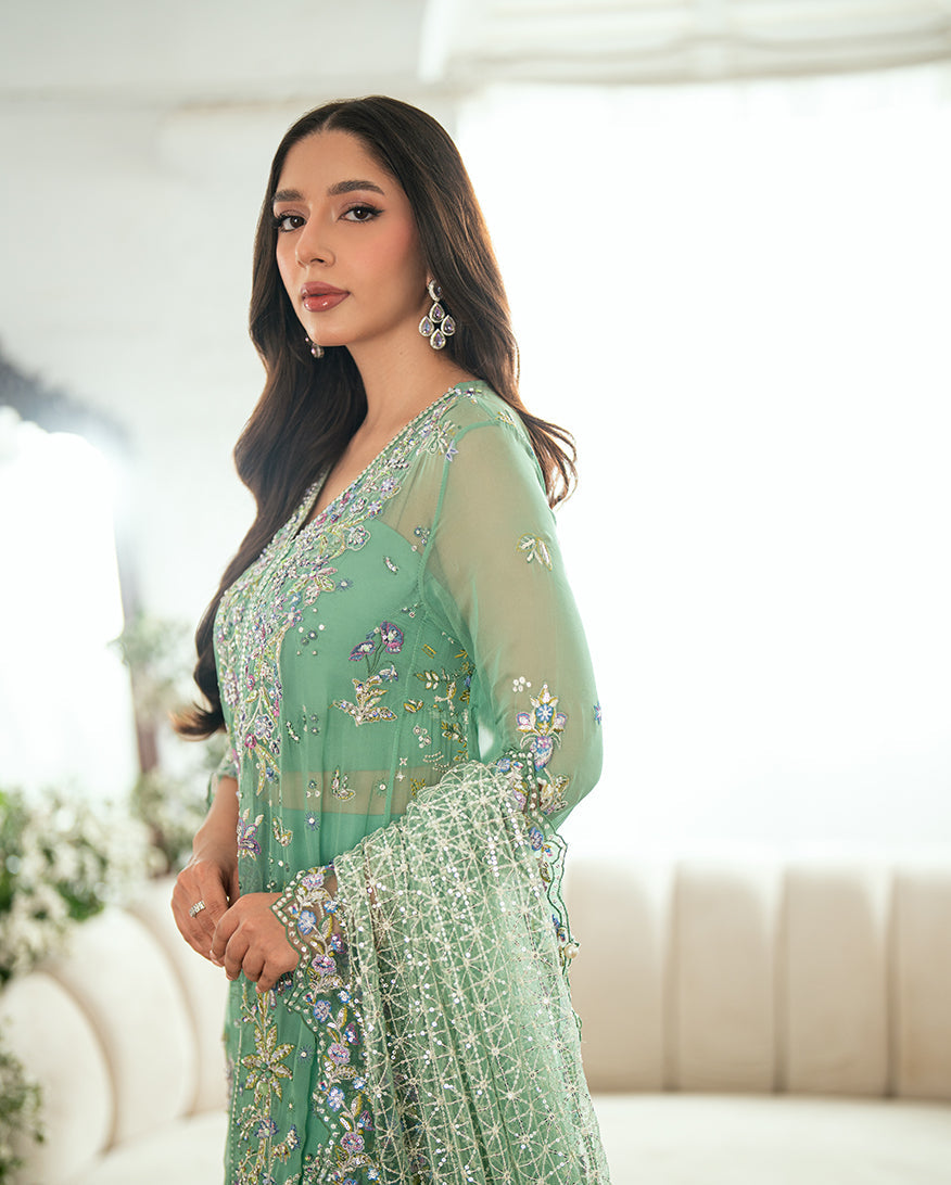 Women Wearing Adaa Sea Green Long Front Open Shirt for Festive Events - Pakistani Designer Wear for Women in UK | Kifat