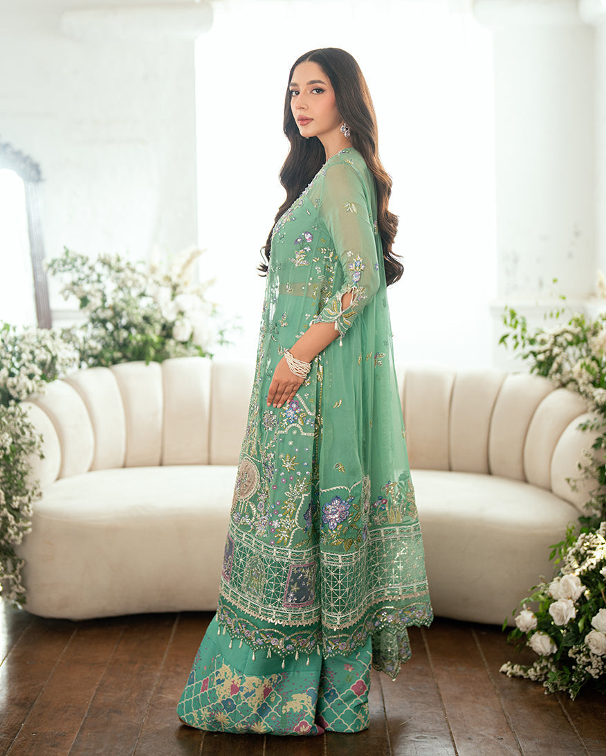 Women Wearing Adaa Sea Green Long Front Open Shirt for Festive Events - Pakistani Designer Wear for Women in UK | Kifat