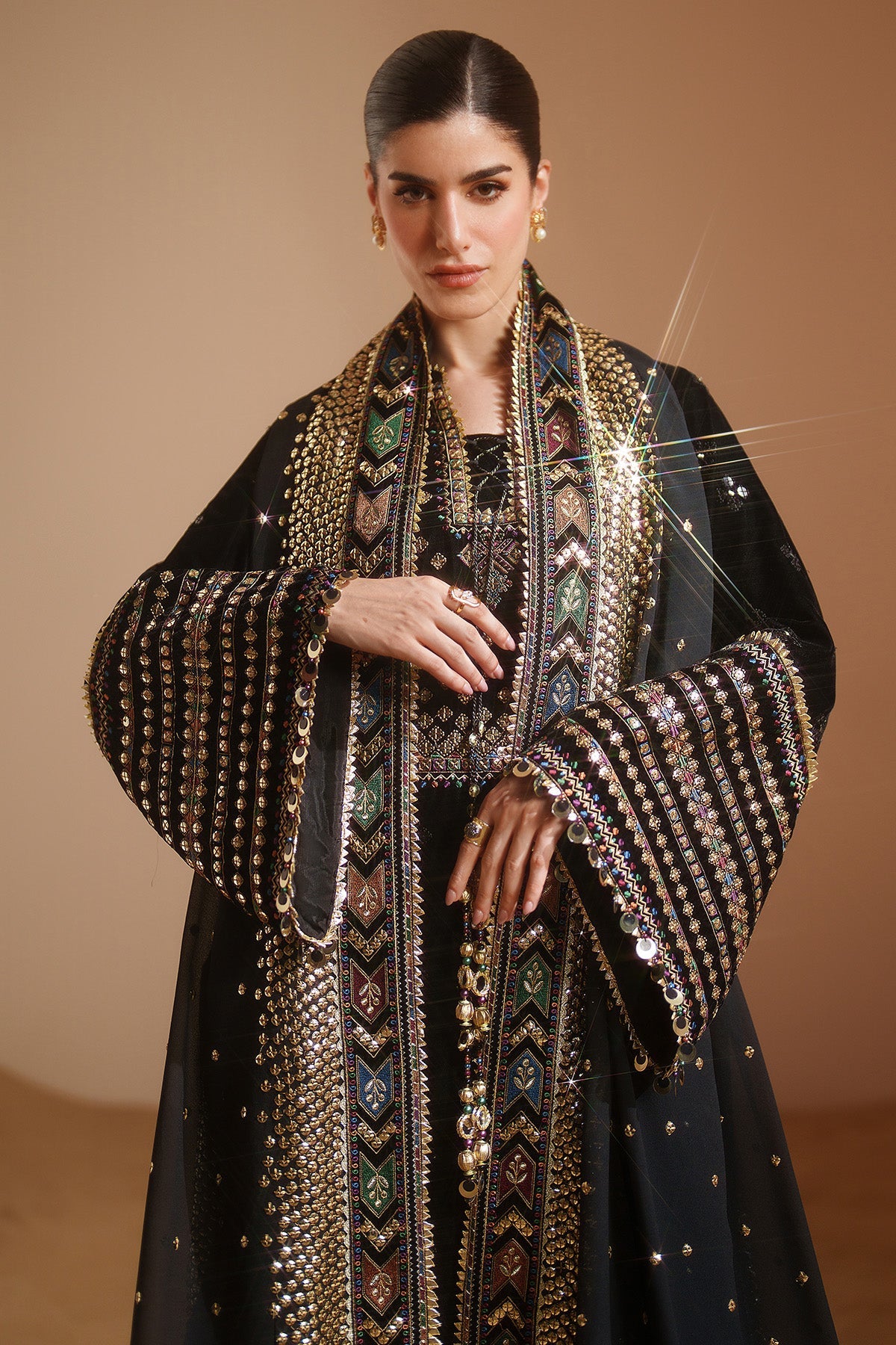 Women Wearing Embroidered Velvet Formal VVF D-5 Black Short Shirt for Wedding Events - Pakistani Designer Wear for Women in UK | Kifat