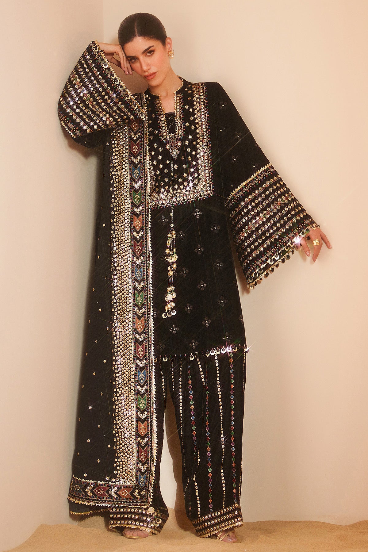 Women Wearing Embroidered Velvet Formal VVF D-5 Black Short Shirt for Wedding Events - Pakistani Designer Wear for Women in UK | Kifat