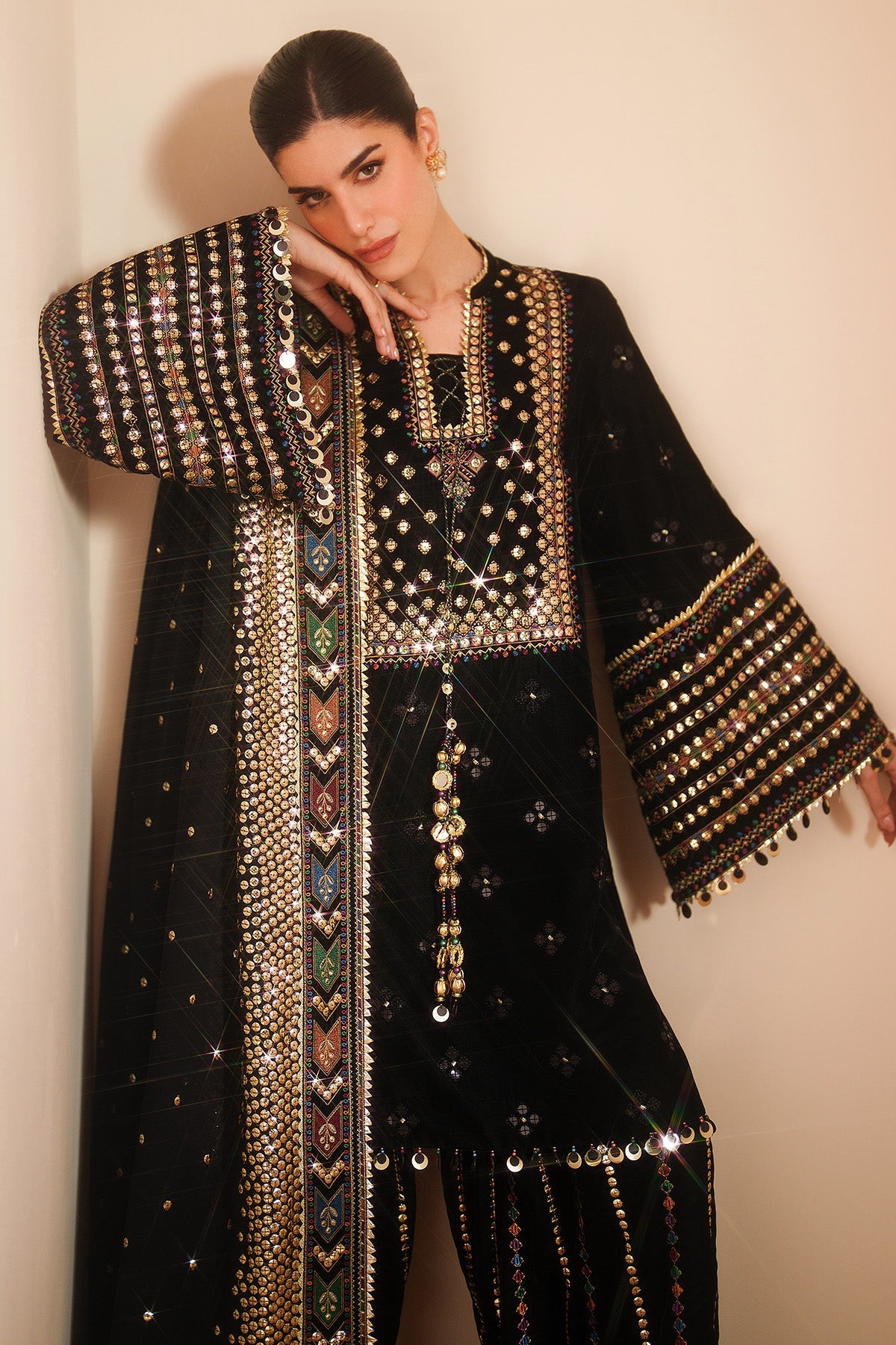 Women Wearing Embroidered Velvet Formal VVF D-5 Black Short Shirt for Wedding Events - Pakistani Designer Wear for Women in UK | Kifat