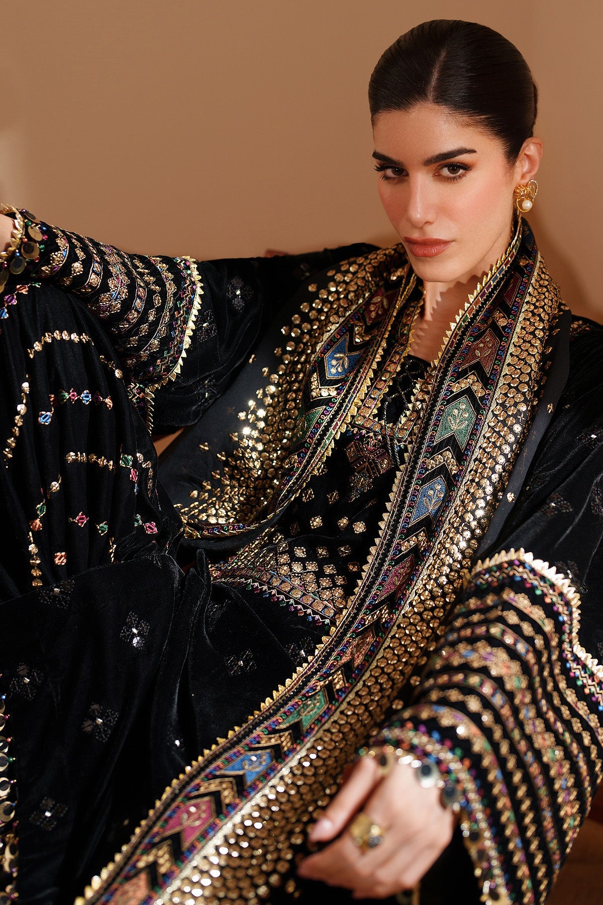 Women Wearing Embroidered Velvet Formal VVF D-5 Black Short Shirt for Wedding Events - Pakistani Designer Wear for Women in UK | Kifat