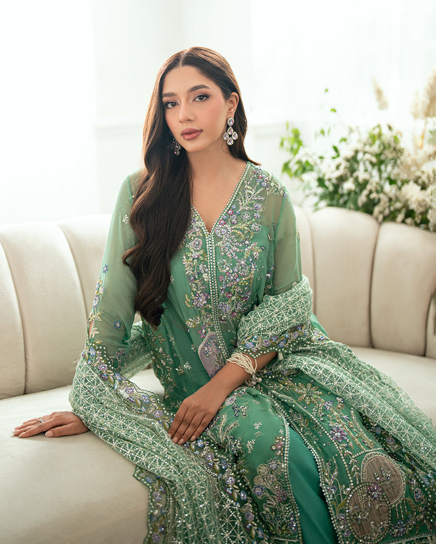 Women Wearing Adaa Sea Green Long Front Open Shirt for Festive Events - Pakistani Designer Wear for Women in UK | Kifat
