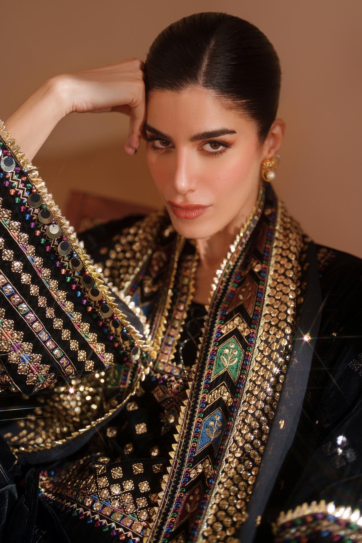 Women Wearing Embroidered Velvet Formal VVF D-5 Black Short Shirt for Wedding Events - Pakistani Designer Wear for Women in UK | Kifat
