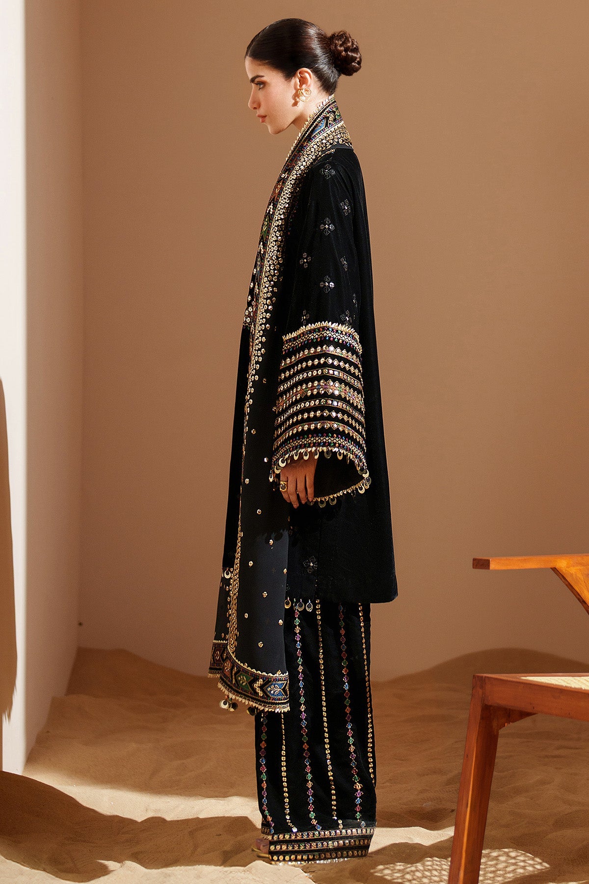 Women Wearing Embroidered Velvet Formal VVF D-5 Black Short Shirt for Wedding Events - Pakistani Designer Wear for Women in UK | Kifat