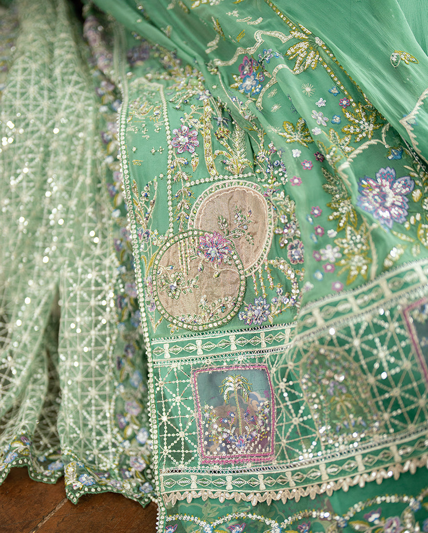Women Wearing Adaa Sea Green Long Front Open Shirt for Festive Events - Pakistani Designer Wear for Women in UK | Kifat
