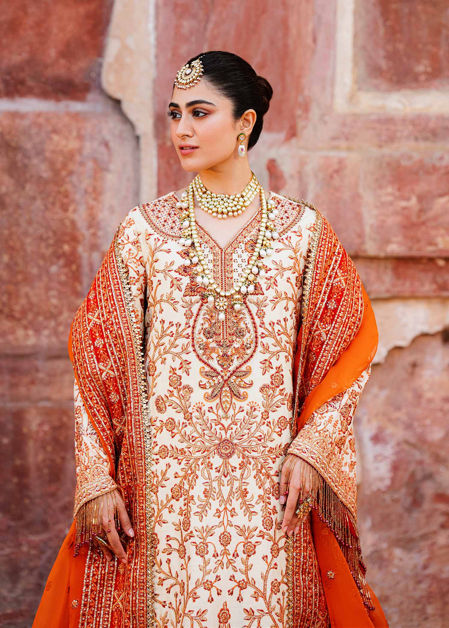 Women Wearing Zartaj White Orange Long Shirt For Formals Events - Pakistani Designer Wear For Women In UK | Kifat