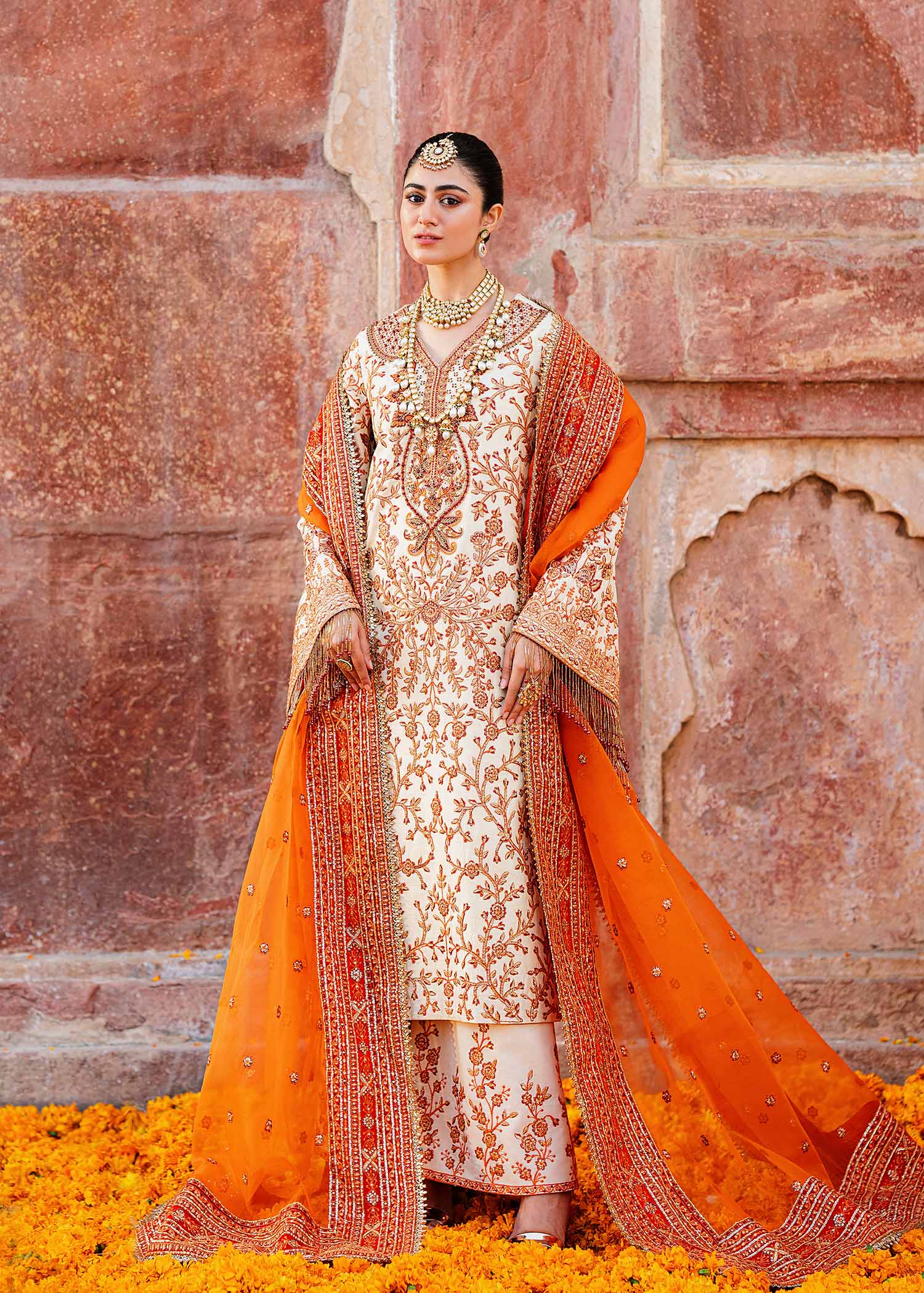 Women Wearing Zartaj White Orange Long Shirt For Formals Events - Pakistani Designer Wear For Women In UK | Kifat