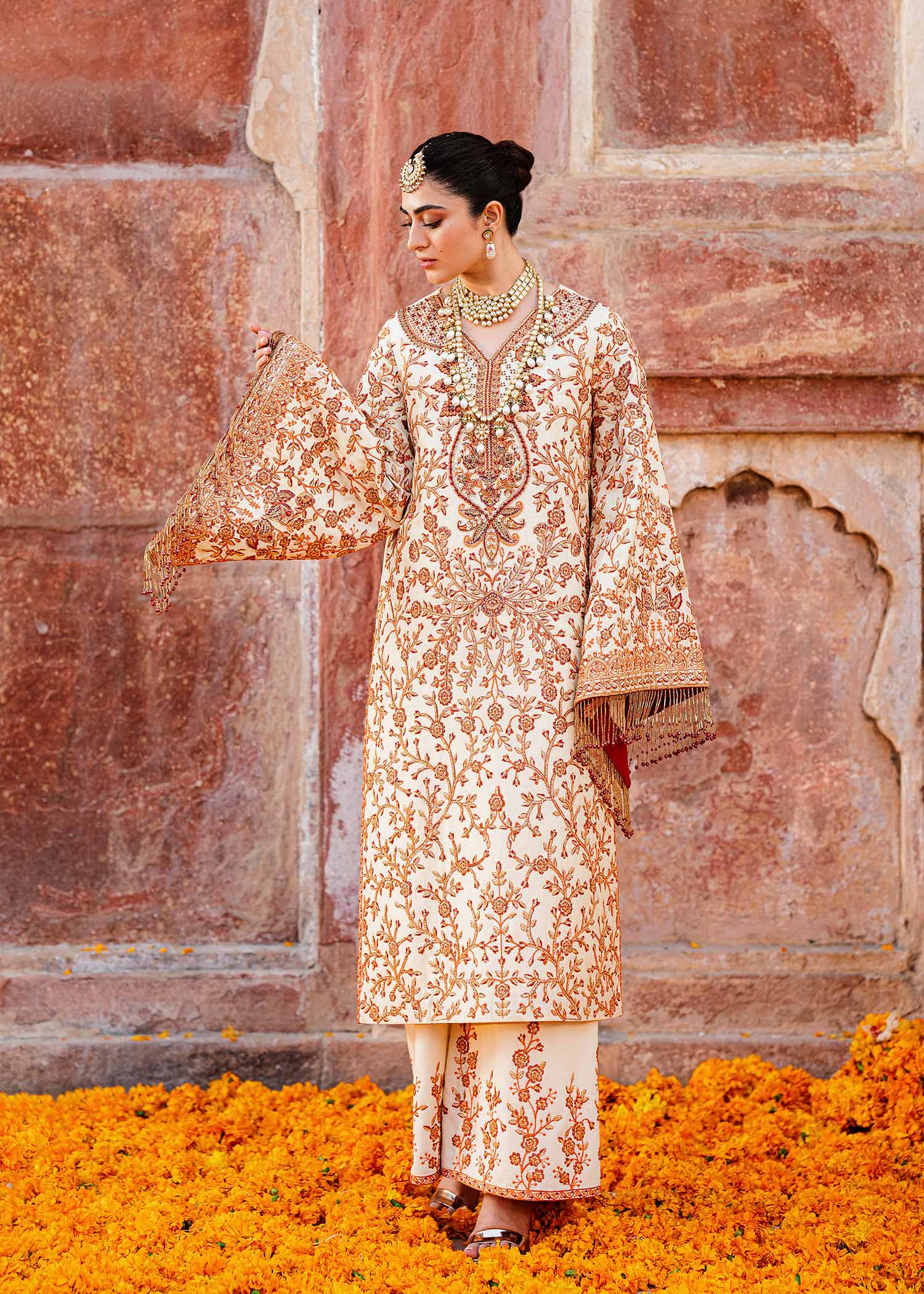 Women Wearing Zartaj White Orange Long Shirt For Formals Events - Pakistani Designer Wear For Women In UK | Kifat