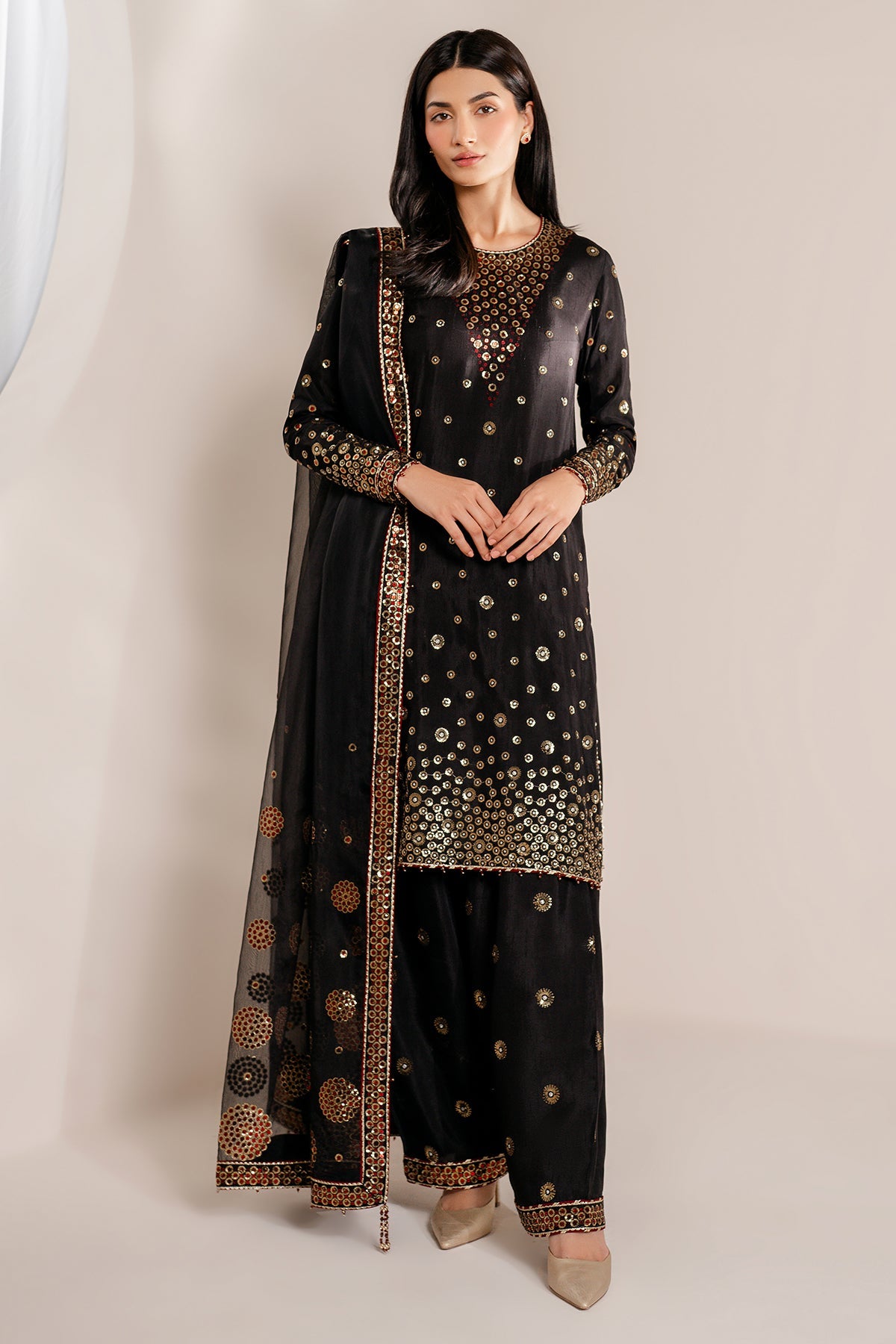 Women Wearing Embroidered Raw Silk UR-7054 Black Short Shirt for Wedding Events - Pakistani Designer Wear for Women in UK | Kifat