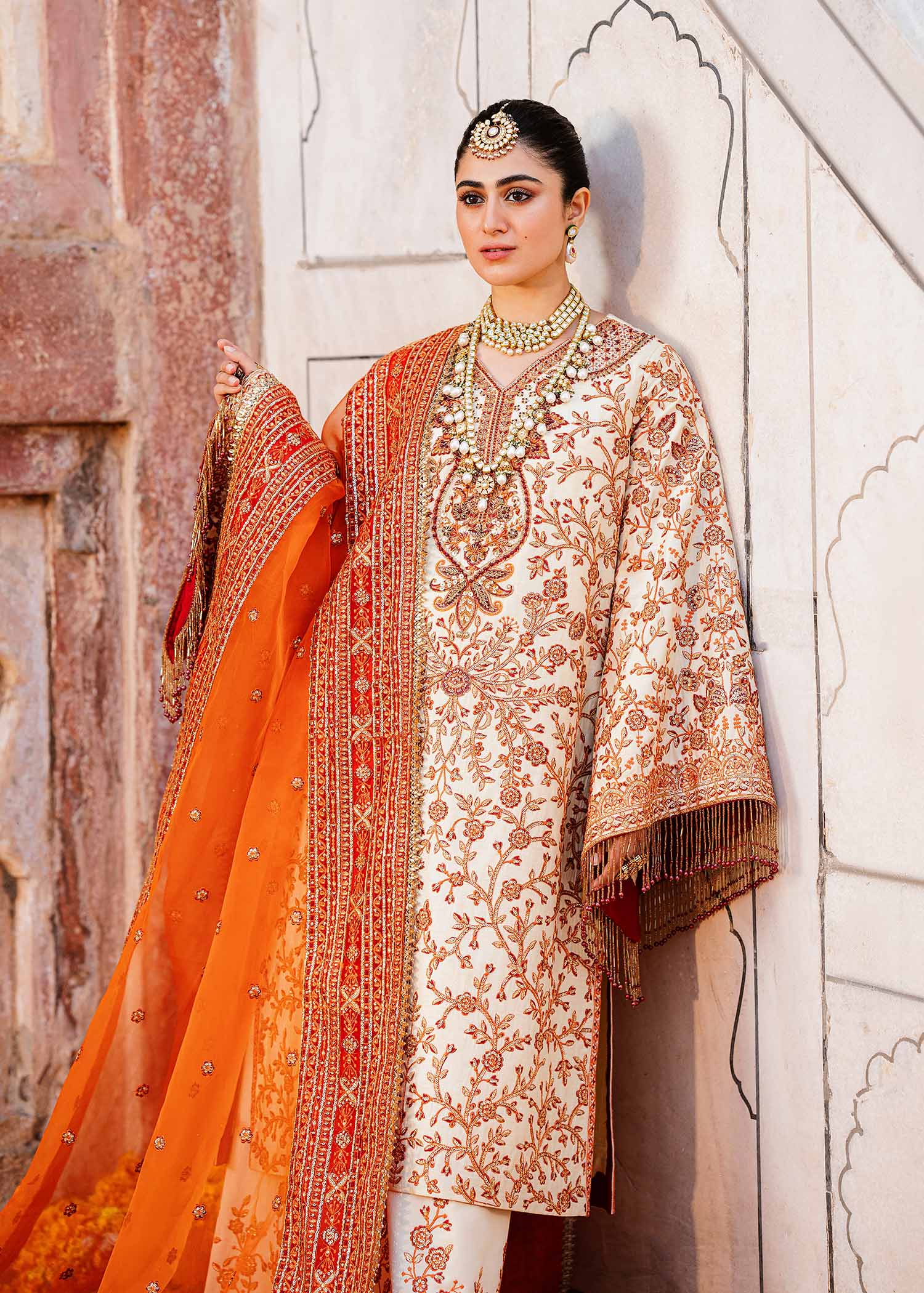 Women Wearing Zartaj White Orange Long Shirt For Formals Events - Pakistani Designer Wear For Women In UK | Kifat