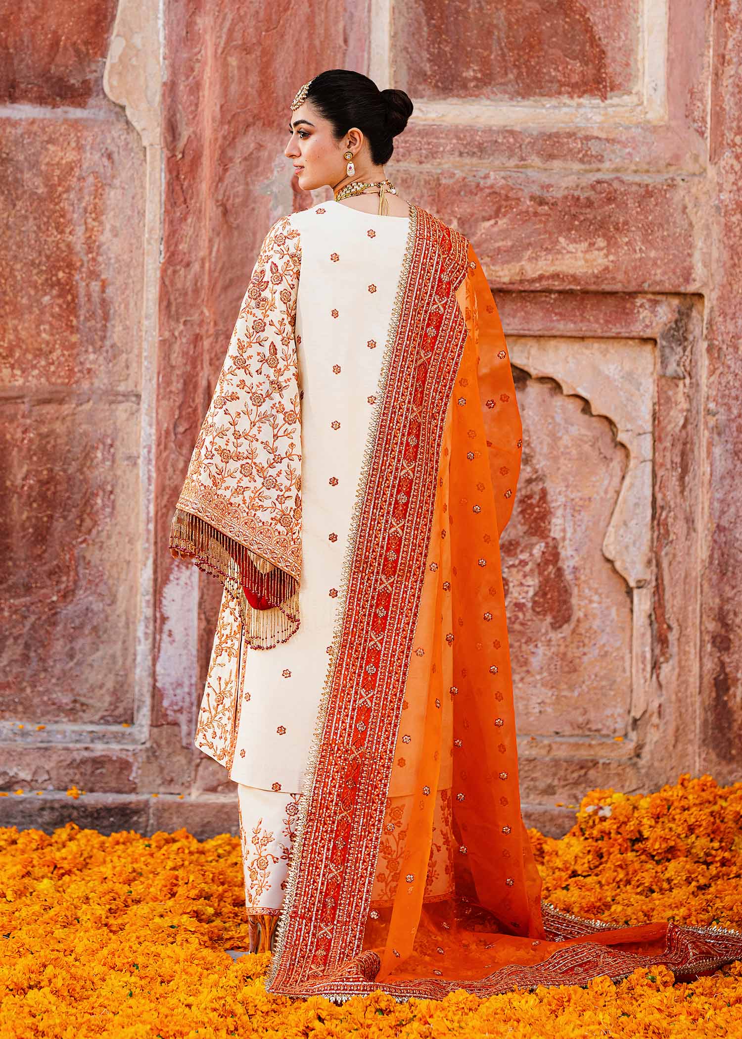 Women Wearing Zartaj White Orange Long Shirt For Formals Events - Pakistani Designer Wear For Women In UK | Kifat