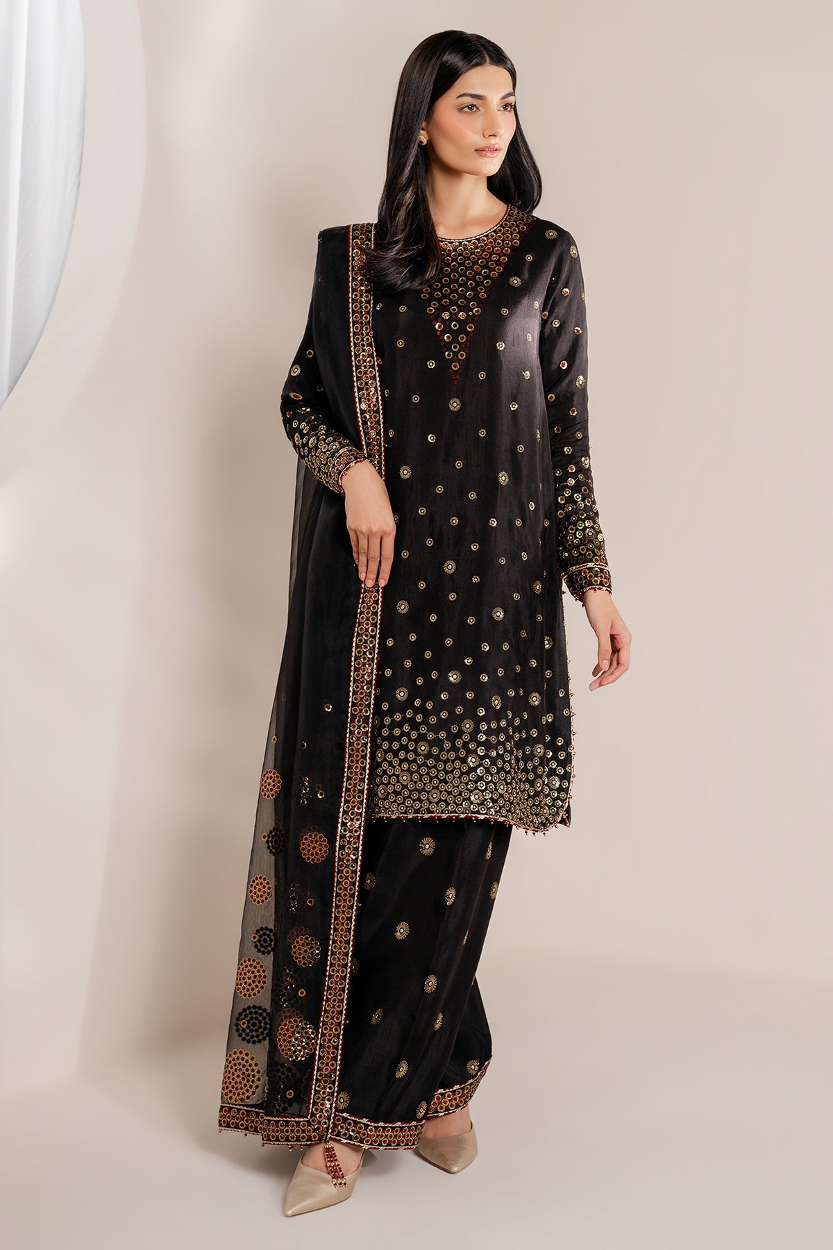 Women Wearing Embroidered Raw Silk UR-7054 Black Short Shirt for Wedding Events - Pakistani Designer Wear for Women in UK | Kifat