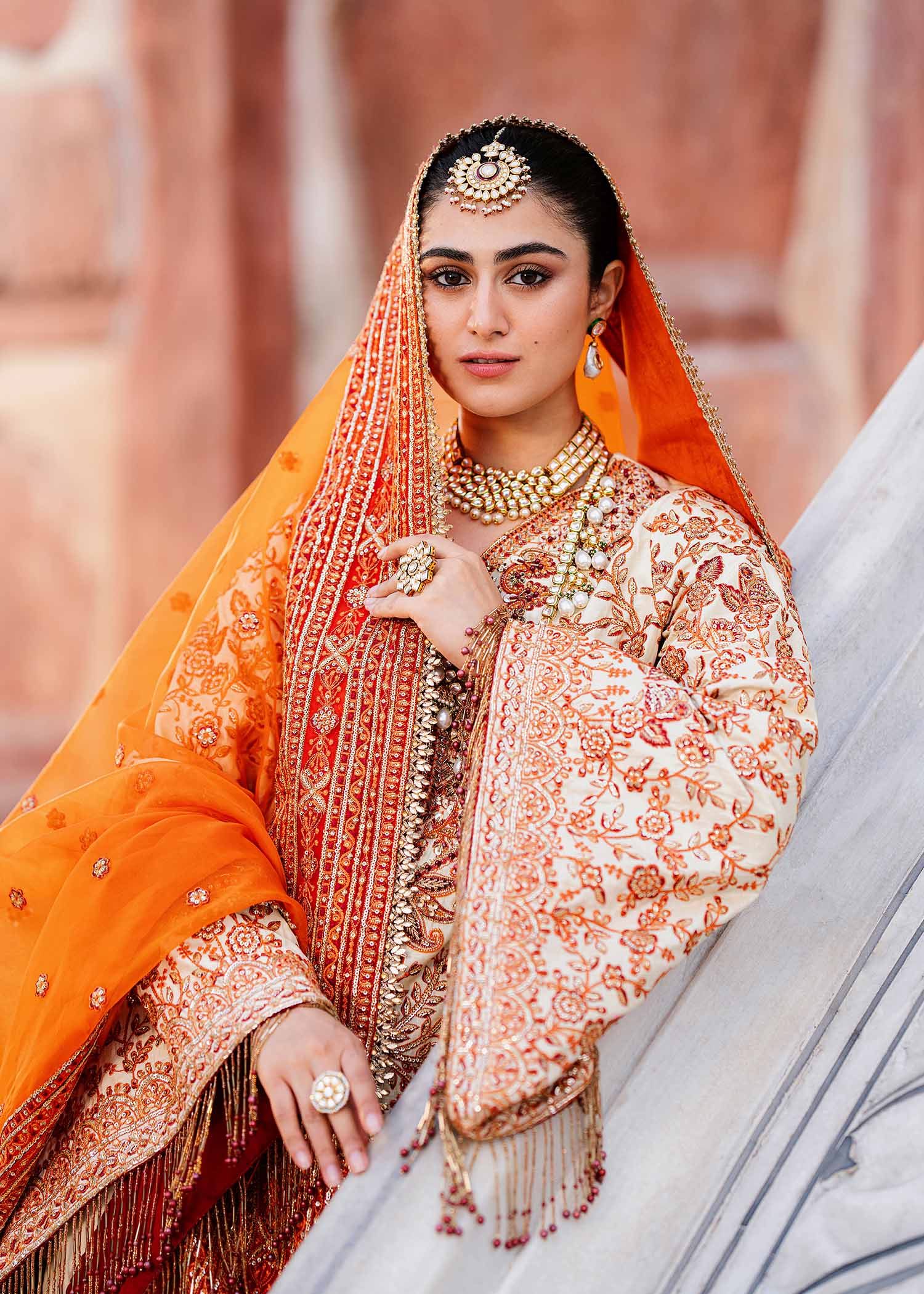Women Wearing Zartaj White Orange Long Shirt For Formals Events - Pakistani Designer Wear For Women In UK | Kifat