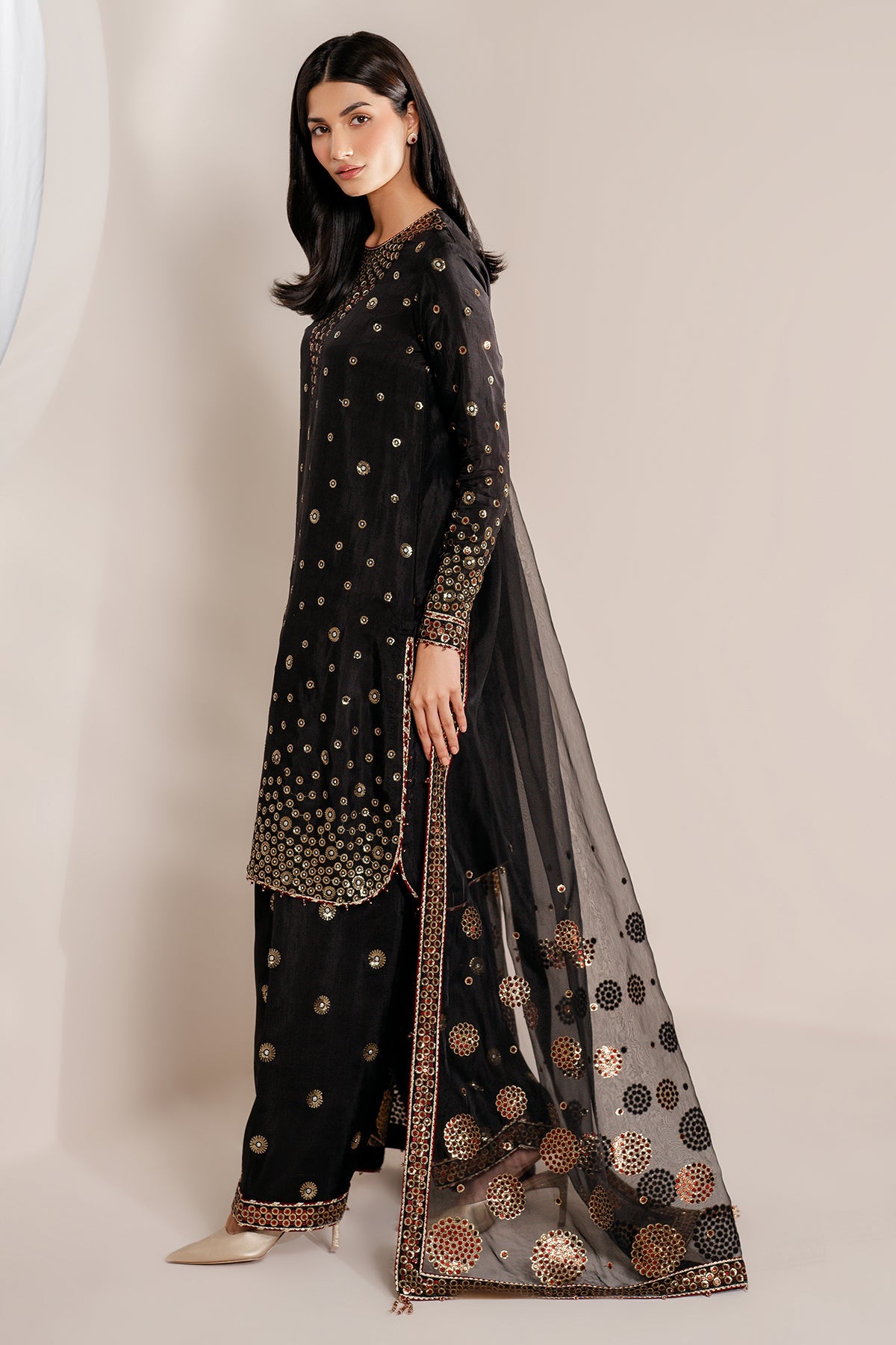 Women Wearing Embroidered Raw Silk UR-7054 Black Short Shirt for Wedding Events - Pakistani Designer Wear for Women in UK | Kifat