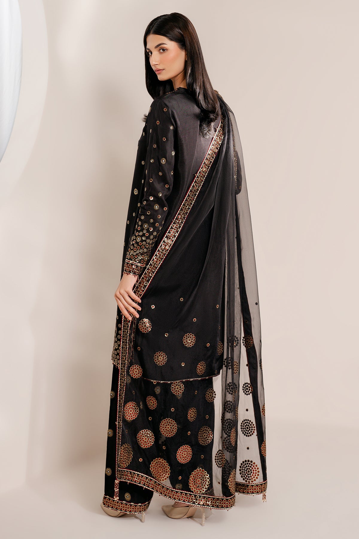 Women Wearing Embroidered Raw Silk UR-7054 Black Short Shirt for Wedding Events - Pakistani Designer Wear for Women in UK | Kifat