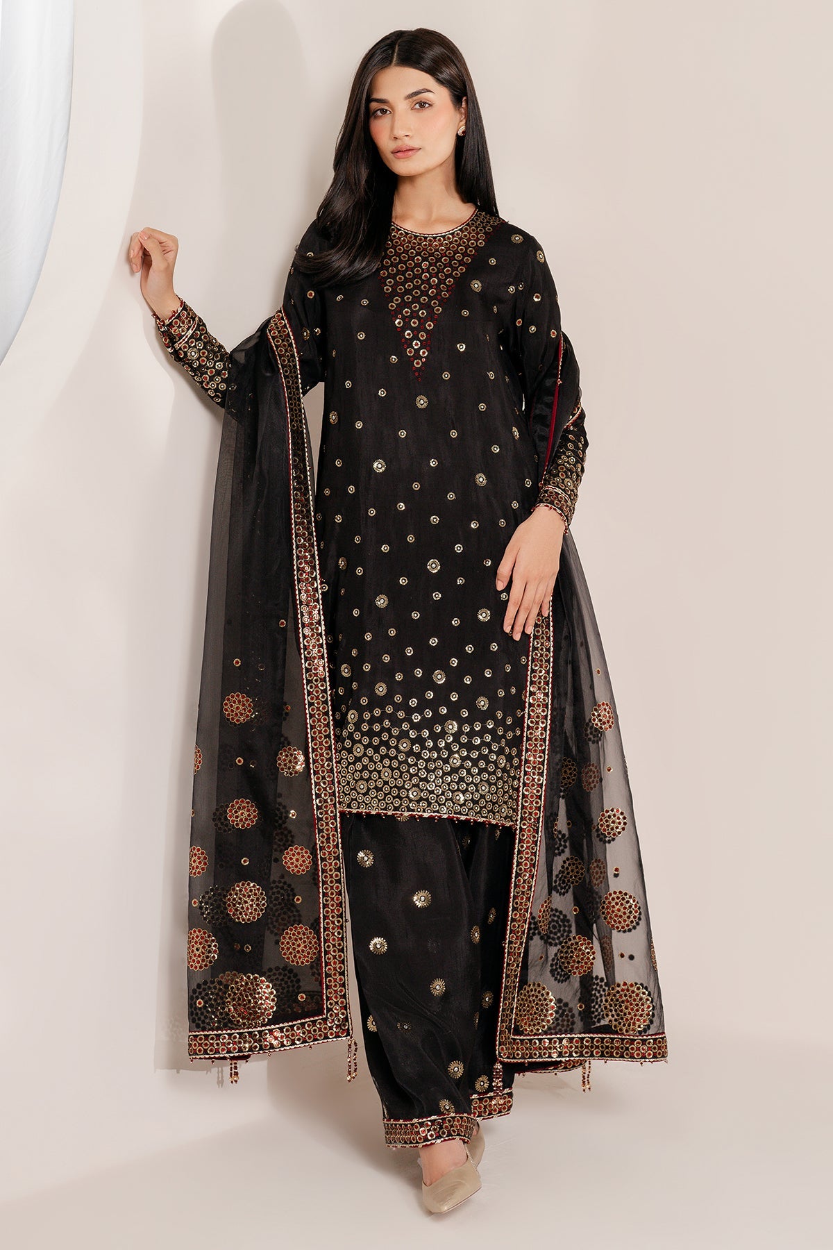 Women Wearing Embroidered Raw Silk UR-7054 Black Short Shirt for Wedding Events - Pakistani Designer Wear for Women in UK | Kifat