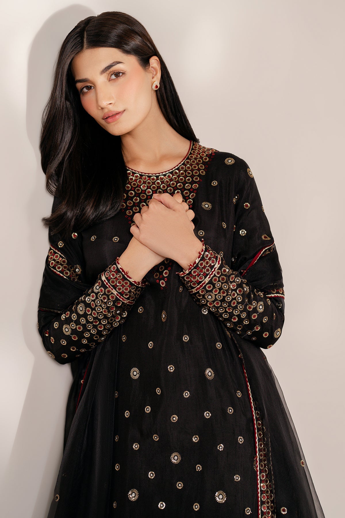 Women Wearing Embroidered Raw Silk UR-7054 Black Short Shirt for Wedding Events - Pakistani Designer Wear for Women in UK | Kifat