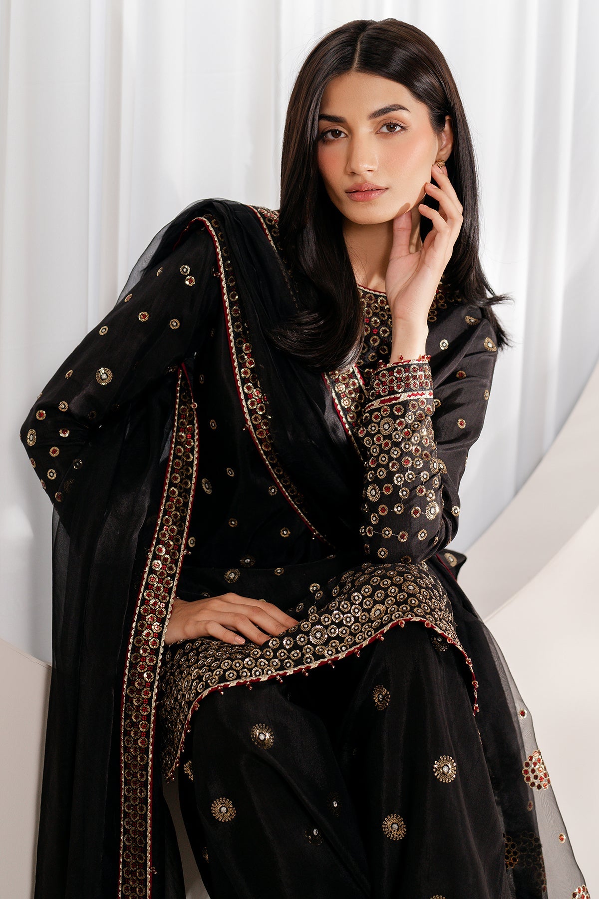 Women Wearing Embroidered Raw Silk UR-7054 Black Short Shirt for Wedding Events - Pakistani Designer Wear for Women in UK | Kifat