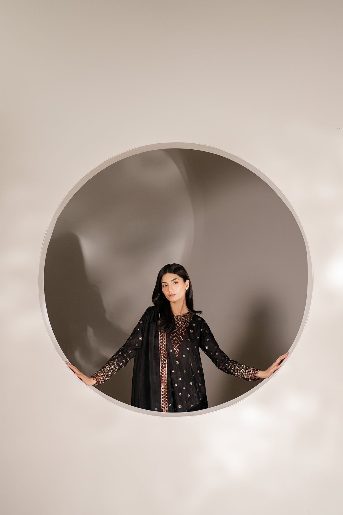 Women Wearing Embroidered Raw Silk UR-7054 Black Short Shirt for Wedding Events - Pakistani Designer Wear for Women in UK | Kifat