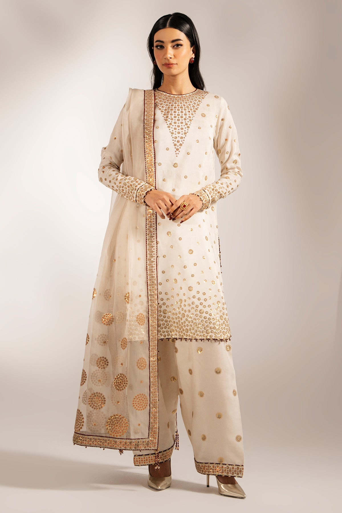 Women Wearing Embroidered Raw Silk UR-7053 White Short Shirt for Wedding Events - Pakistani Designer Wear for Women in UK | Kifat