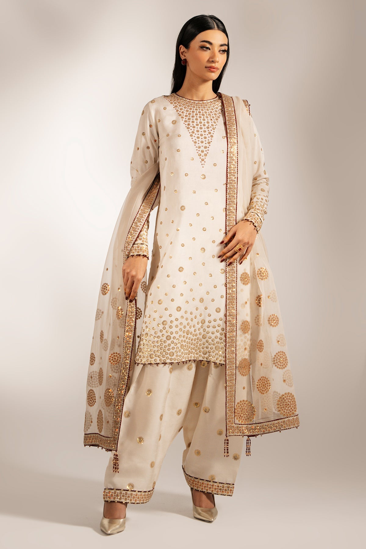 Women Wearing Embroidered Raw Silk UR-7053 White Short Shirt for Wedding Events - Pakistani Designer Wear for Women in UK | Kifat