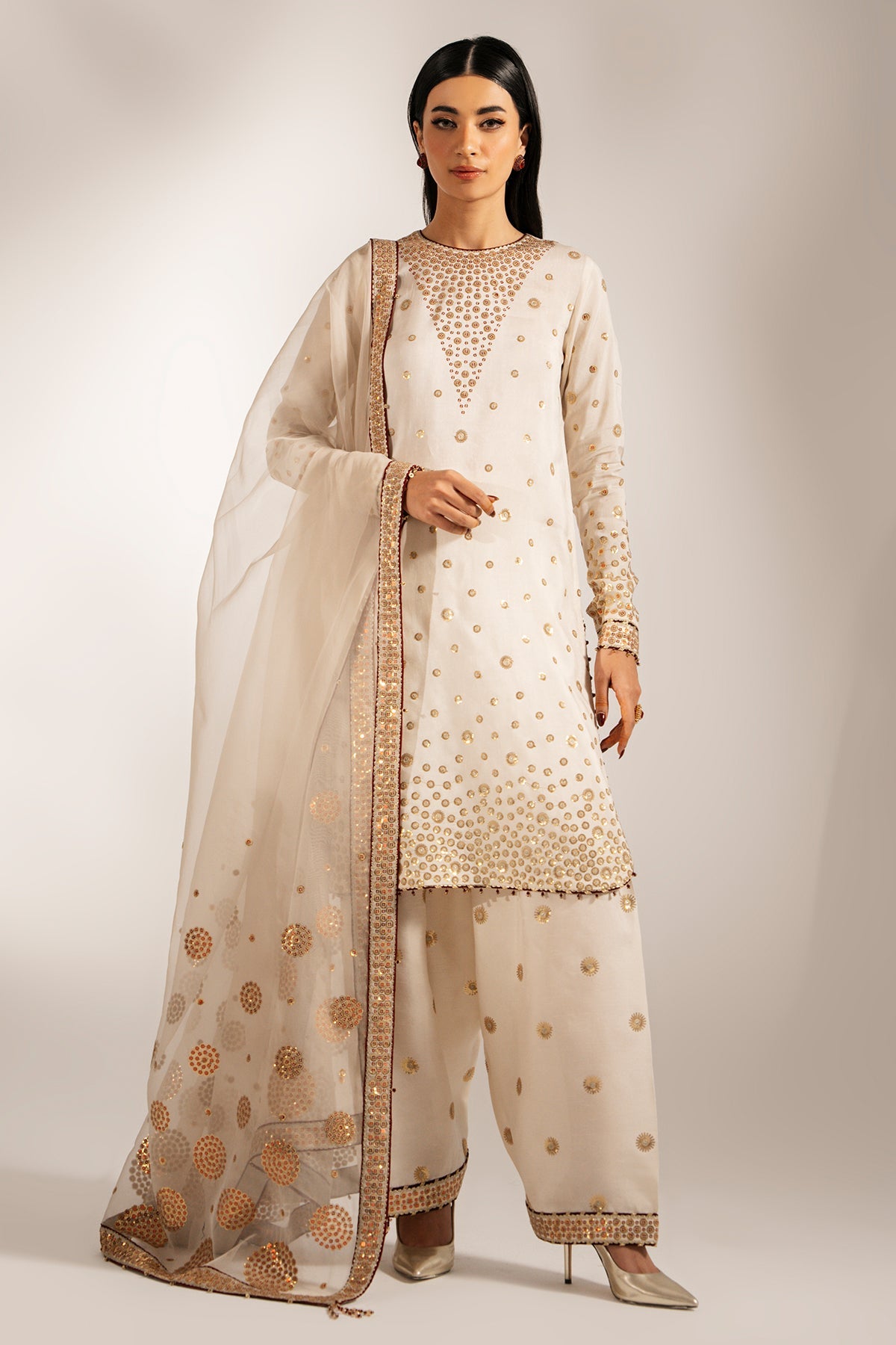 Women Wearing Embroidered Raw Silk UR-7053 White Short Shirt for Wedding Events - Pakistani Designer Wear for Women in UK | Kifat