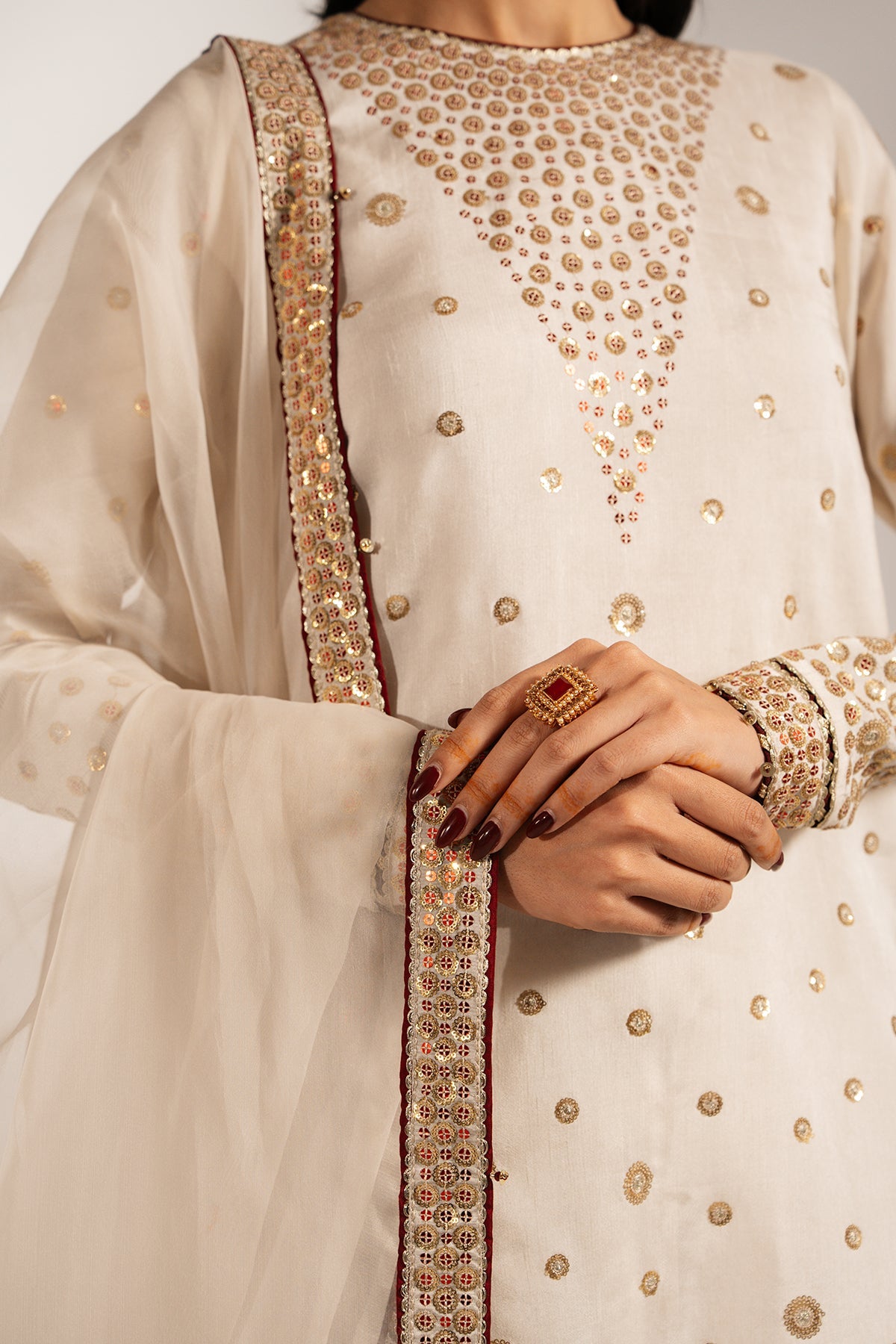 Women Wearing Embroidered Raw Silk UR-7053 White Short Shirt for Wedding Events - Pakistani Designer Wear for Women in UK | Kifat