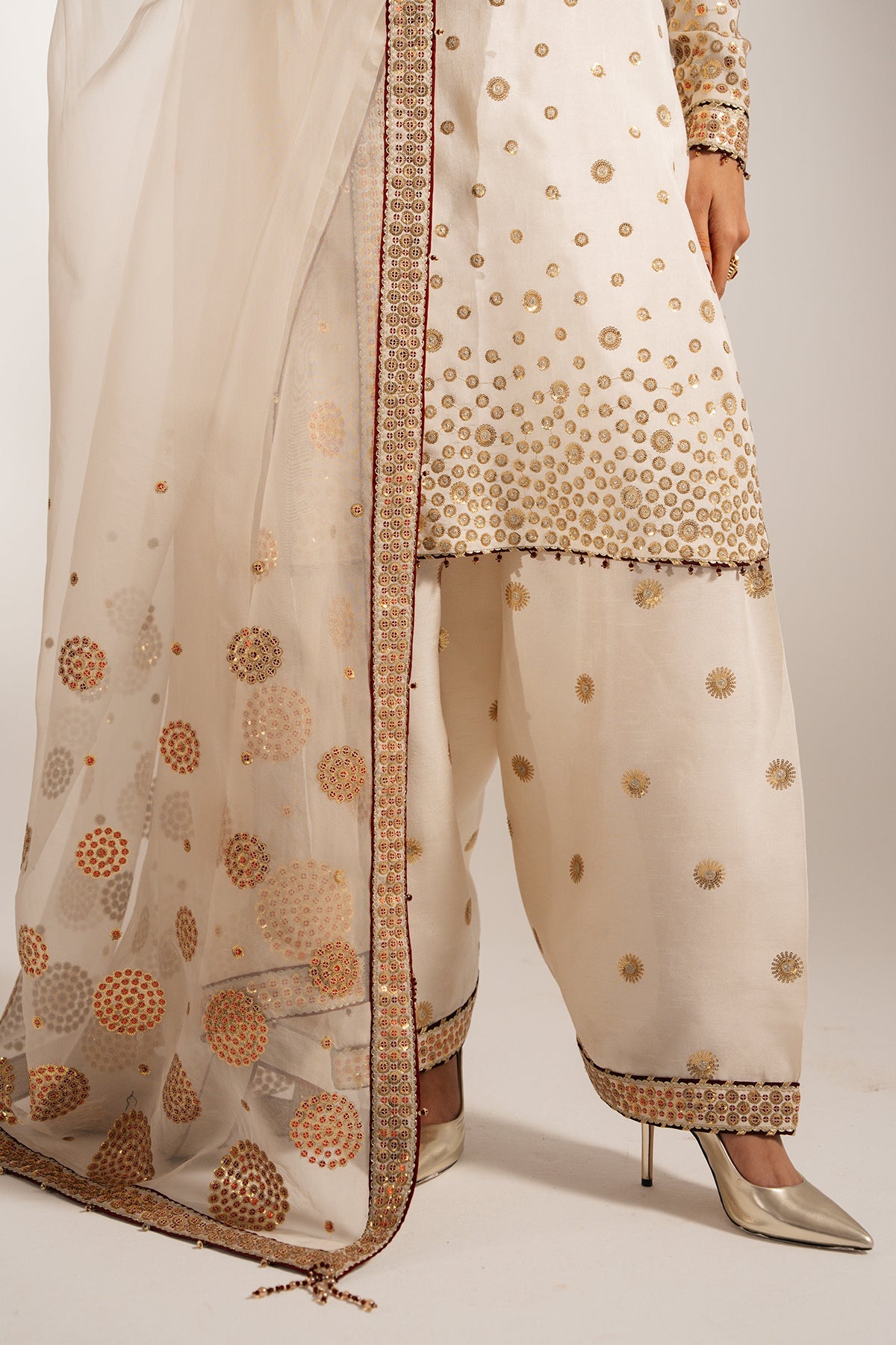 Women Wearing Embroidered Raw Silk UR-7053 White Short Shirt for Wedding Events - Pakistani Designer Wear for Women in UK | Kifat