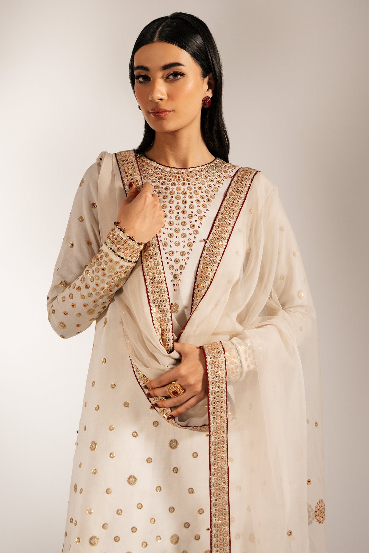 Women Wearing Embroidered Raw Silk UR-7053 White Short Shirt for Wedding Events - Pakistani Designer Wear for Women in UK | Kifat