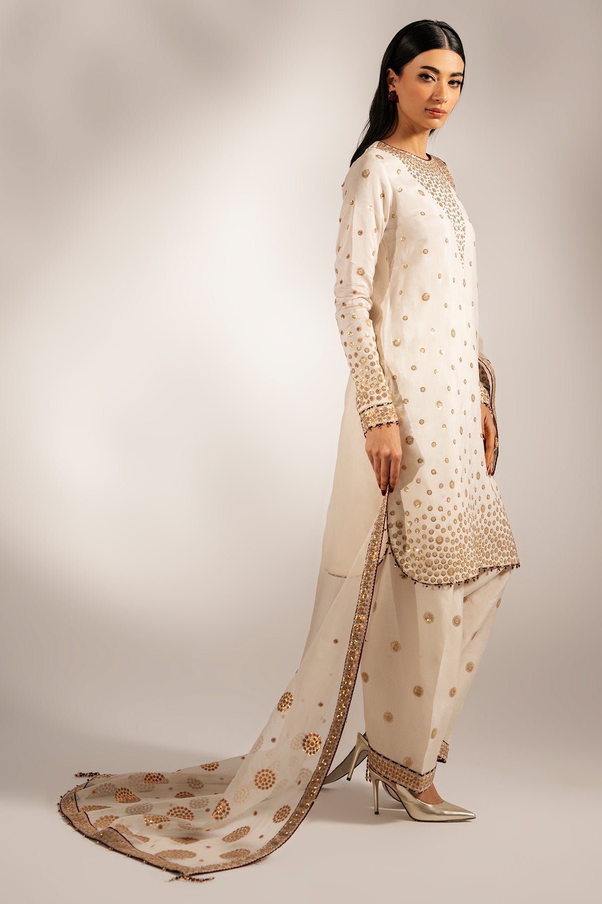Women Wearing Embroidered Raw Silk UR-7053 White Short Shirt for Wedding Events - Pakistani Designer Wear for Women in UK | Kifat