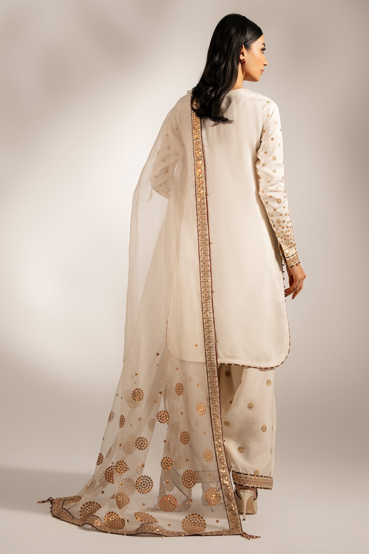 Women Wearing Embroidered Raw Silk UR-7053 White Short Shirt for Wedding Events - Pakistani Designer Wear for Women in UK | Kifat