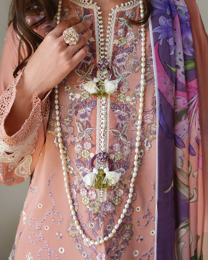 Women Wearing Daisy Chain Mauve Long Shirt For Luxury Events - Pakistani Designer Wear For Women In UK | Kifat
