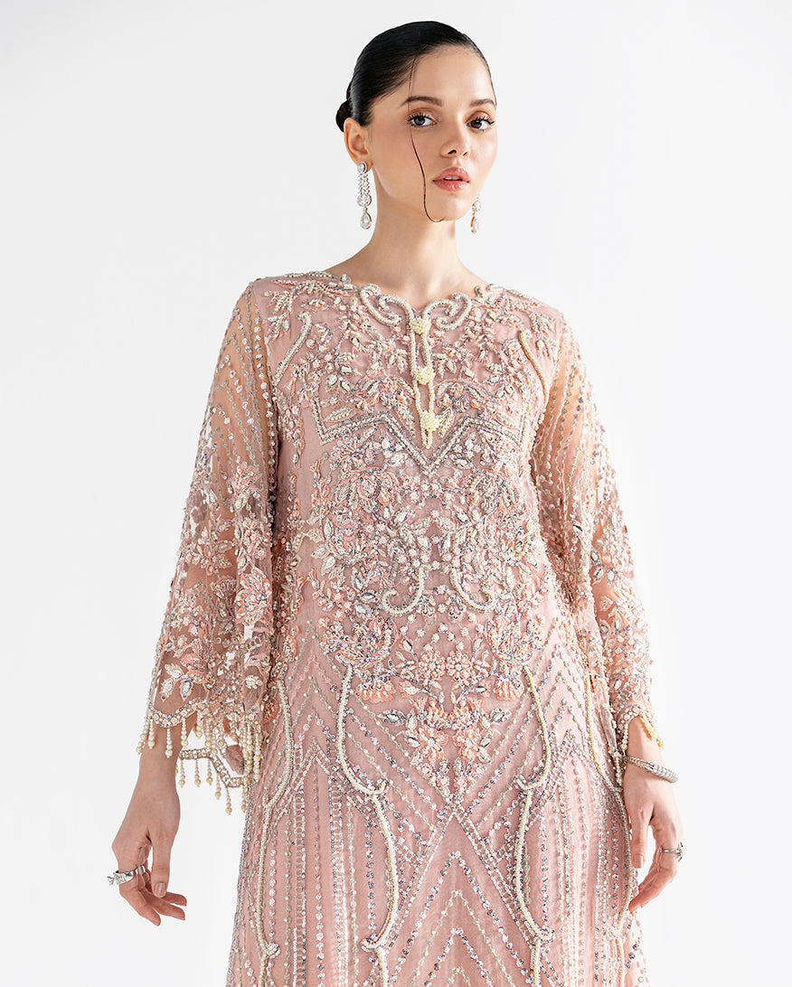 Women Wearing Daphne Peach Long Shirt for Festive Events - Pakistani Designer Wear for Women in UK | Kifat