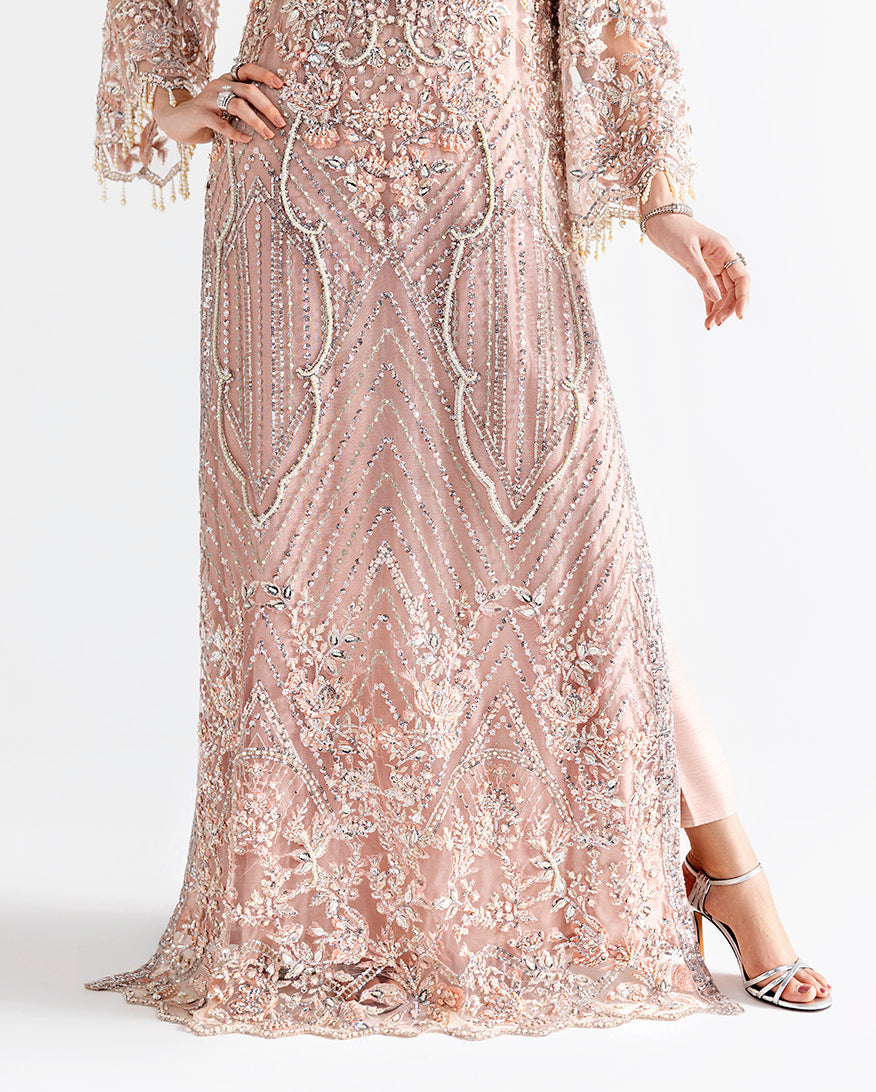 Women Wearing Daphne Peach Long Shirt for Festive Events - Pakistani Designer Wear for Women in UK | Kifat