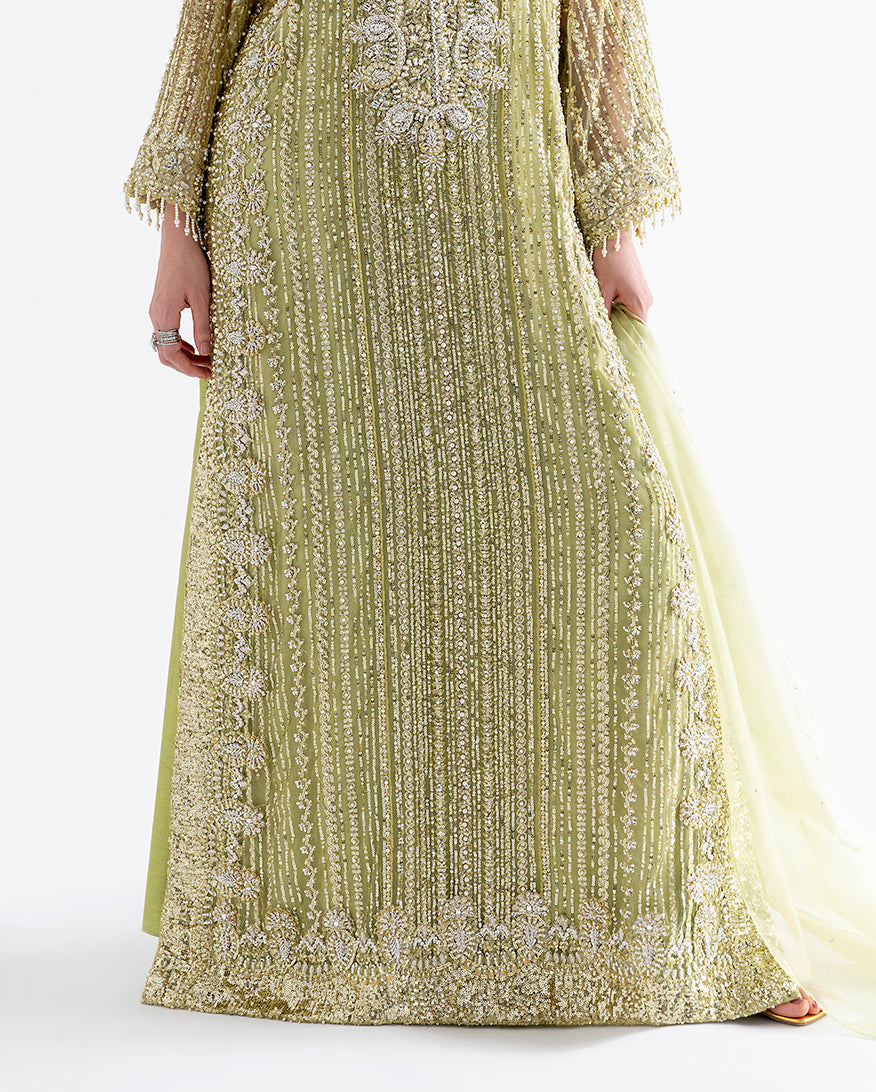 Women Wearing Dellaby Lime Green Long Shirt for Festive Events - Pakistani Designer Wear for Women in UK | Kifat