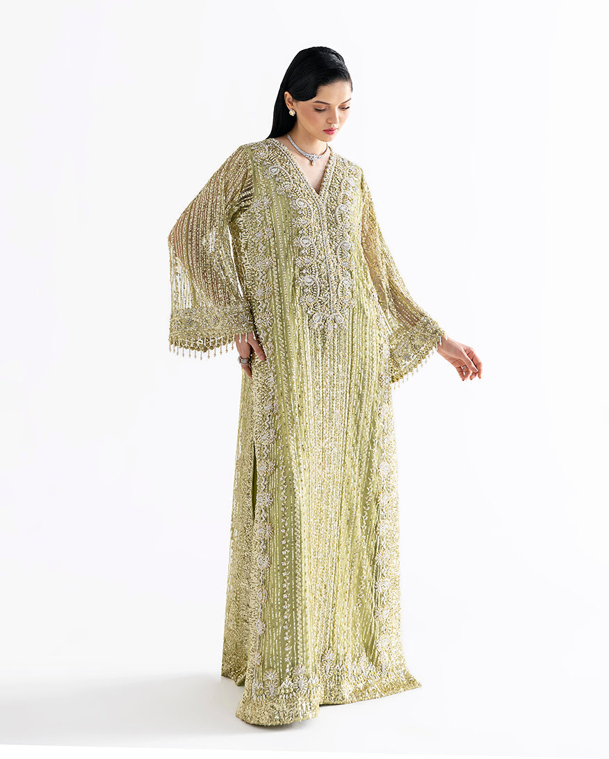 Women Wearing Dellaby Lime Green Long Shirt for Festive Events - Pakistani Designer Wear for Women in UK | Kifat