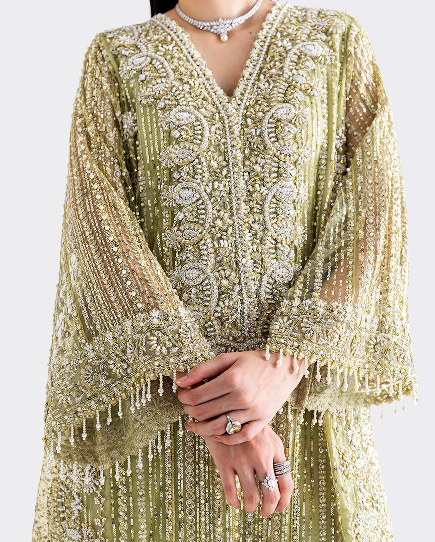 Women Wearing Dellaby Lime Green Long Shirt for Festive Events - Pakistani Designer Wear for Women in UK | Kifat