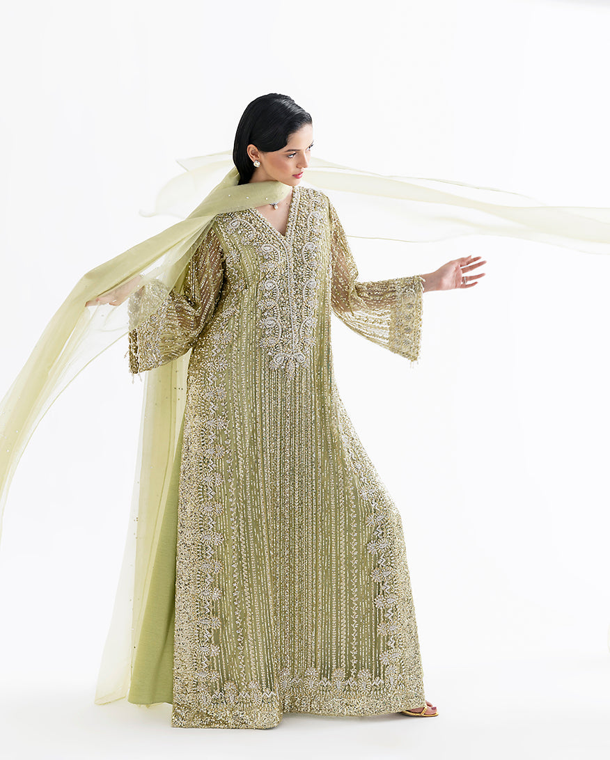 Women Wearing Dellaby Lime Green Long Shirt for Festive Events - Pakistani Designer Wear for Women in UK | Kifat