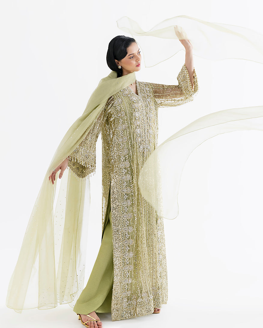 Women Wearing Dellaby Lime Green Long Shirt for Festive Events - Pakistani Designer Wear for Women in UK | Kifat