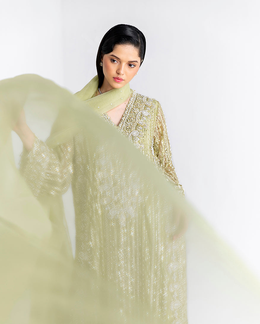 Women Wearing Dellaby Lime Green Long Shirt for Festive Events - Pakistani Designer Wear for Women in UK | Kifat